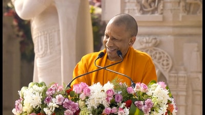 Uttar Pradesh Chief Minister Yogi Adityanath addresses a gathering after the 'Pran Pratishtha' ceremony at the Ram Mandir, in Ayodhya, Monday. (PTI) Uttar Pradesh Chief Minister Yogi Adityanath addresses a gathering after the 'Pran Pratishtha' ceremony at the Ram Mandir, in Ayodhya, Monday. (PTI)