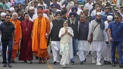 West Bengal chief minister Mamata Banerjee at the interfaith rally in Kolkata on Monday. (ANI)