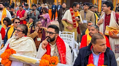 Amitabh Bachchan and Abhishek Bachchan, industrialist Anil Ambani sit beside each other during the Ram Mandir Pran Pratishtha ceremony. The idol of Ram Lalla was unveiled at the Shri Ram Janmaboomi Temple. (PTI) Amitabh Bachchan and Abhishek Bachchan, industrialist Anil Ambani sit beside each other during the Ram Mandir Pran Pratishtha ceremony. The idol of Ram Lalla was unveiled at the Shri Ram Janmaboomi Temple. (PTI)