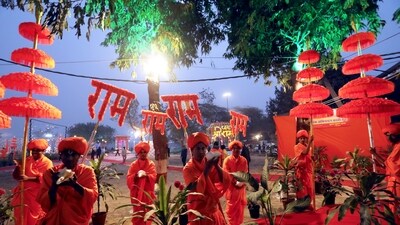 People celebrate the inauguration of Ayodhya's Ram Temple in New Delhi on January 22. (PTI) People celebrate the inauguration of Ayodhya's Ram Temple in New Delhi on January 22. (PTI)
