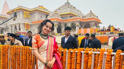 Kangana Ranaut decked up in a cream saree, red blouse and a red shawl for the Ram Mandir ceremoney. She was seen chanting ‘Jai Shree Ram' with full enthusiasm during the ceremony. (PTI) Kangana Ranaut decked up in a cream saree, red blouse and a red shawl for the Ram Mandir ceremoney. She was seen chanting ‘Jai Shree Ram' with full enthusiasm during the ceremony. (PTI)