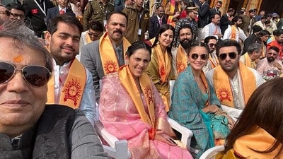 Akash Ambani with wife Shloka Mehta, Alia Bhatt and Ranbir Kapoor as well as Katrina Kaif and Vicky Kaushal and Rohit Shetty were captured in one frame at the Pran Pratishtha ceremony. Akash Ambani with wife Shloka Mehta, Alia Bhatt and Ranbir Kapoor as well as Katrina Kaif and Vicky Kaushal and Rohit Shetty were captured in one frame at the Pran Pratishtha ceremony. 