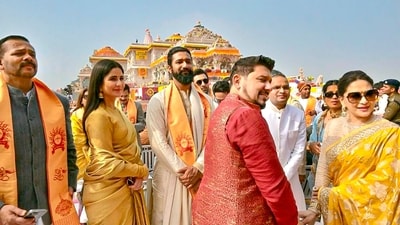 Filmmaker Rohit Shetty, Katrina Kaif and husband Vicky Kaushal, Madhuri Dixit Nene with husband Dr Shriram Nene and other dignitaries at the Ram Mandir during the 'Pran Pratishtha' ceremony, in Ayodhya. (PTI) Filmmaker Rohit Shetty, Katrina Kaif and husband Vicky Kaushal, Madhuri Dixit Nene with husband Dr Shriram Nene and other dignitaries at the Ram Mandir during the 'Pran Pratishtha' ceremony, in Ayodhya. (PTI)