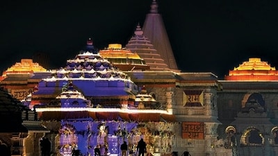 Ram Temple is lit up on Sunday ahead of the consecration ceremony. (PTI) (HT_PRINT) Ram Temple is lit up on Sunday ahead of the consecration ceremony. (PTI) (HT_PRINT)