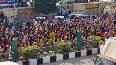 A procession in Surat being carried out in the honour of Ram Mandir inauguration. (X/@withlovesayak) A procession in Surat being carried out in the honour of Ram Mandir inauguration. (X/@withlovesayak)