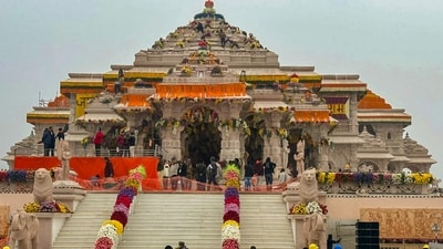 Ayodhya: Ram Mandir being decorated with flowers on the eve of its consecration ceremony, in Ayodhya, Sunday, Jan. 21, 2024. (PTI) Ayodhya: Ram Mandir being decorated with flowers on the eve of its consecration ceremony, in Ayodhya, Sunday, Jan. 21, 2024. (PTI)