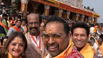 Rajinikanth, singer Shankar Mahadevan and Sachin Tendulkar pose in front of the grand Ram Mandir during the Pran Pratishtha ceremony on Monday. Shankar sang a Ram Bhajan at the ceremony. Rajinikanth, singer Shankar Mahadevan and Sachin Tendulkar pose in front of the grand Ram Mandir during the Pran Pratishtha ceremony on Monday. Shankar sang a Ram Bhajan at the ceremony. 