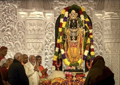 The pran-pratishtha of the 51-inch-tall Ram Lalla idol in Ayodhya temple on January 22. (PTI) The pran-pratishtha of the 51-inch-tall Ram Lalla idol in Ayodhya temple on January 22. (PTI)