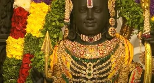 Ram Lalla has been adorned with gold, emerald and ruby jewellery.