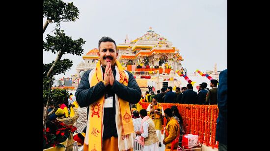 Himachal Pradesh PWD minister Vikramaditya Singh at the Ram Mandir in Ayodhya on Monday. (HT)
