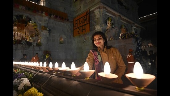 Illumination on Ram Janmabhoomi temple premises. (Deepak Gupta/HT)