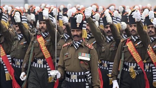 New Delhi, India - Jan. 21, 2024: Grenadiers contingent during rehearsal for the Republic Day Parade 2024 at Kartavya Path, in New Delhi, India, on Sunday, January 21, 2024. (Photo by Sanjeev Verma/ Hindustan Times) (Hindustan Times)