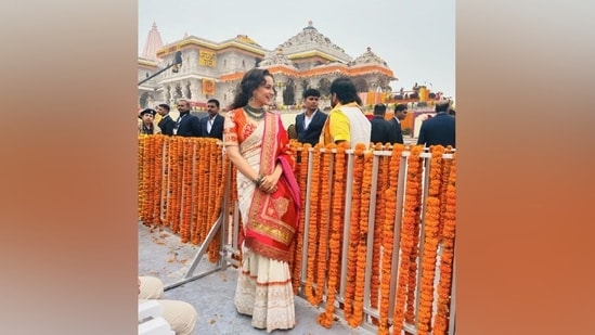 Kangana took to Instagram to share photos of herself posing in front of the Ram Mandir. "Yehi janmbhumi hai param pujya Shri Ram ki… Jai Shri Ram (This is the birthplace of Lord Ram. Hail Lord Ram)," she captioned the post.&nbsp;(Instagram)