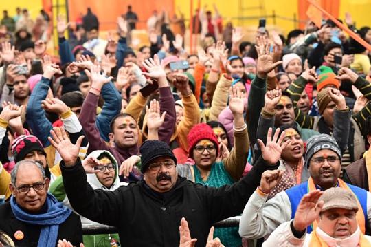 Followers in Chandigarh celebrating the consecration ceremony at Ram Temple in Ayodhya. (Ravi Kumar/HT) Followers in Chandigarh celebrating the consecration ceremony at Ram Temple in Ayodhya. (Ravi Kumar/HT)