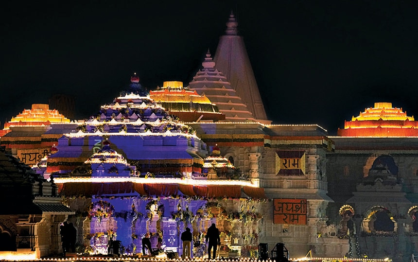 Ram Temple is lit up on Sunday ahead of the consecration ceremony. (PTI) (HT_PRINT)