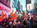 Indian diaspora at Times Square to celebrate the Pran Pratishtha ceremony of Ayodhya's Ram Temple, in New York, USA, on Sunday.
