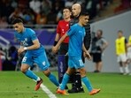 India's forward #11 Sunil Chhetri leaves the pitch after being substituted 