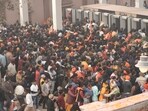 Devotees wait in queues to undergo security check to enter the Ram temple in Ayodhya on Tuesday, Devotees wait in queues to undergo security check to enter the Ram temple in Ayodhya on Tuesday,