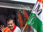 Congress leader Rahul Gandhi waves at supporters during the Bharat Jodo Nyay Yatra, in Guwahati