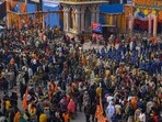 Ayodhya: A massive crowd at the main gateway leading to the Ram temple complex, as it opened its doors to the general public a day after the consecration ceremony, in Ayodhya, Tuesday, Jan. 23, 2024.(PTI)