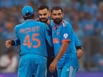 India's captain Rohit Sharma, Virat Kohli, Mohammed Shami celebrate India's captain Rohit Sharma, Virat Kohli, Mohammed Shami celebrate