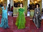 Models parading in Vaishali S's creation at Paris Haute Couture Week. 