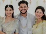 Pooja Kannan's engagement ceremony photos feature Sai Pallavi and family. Pooja Kannan's engagement ceremony photos feature Sai Pallavi and family.