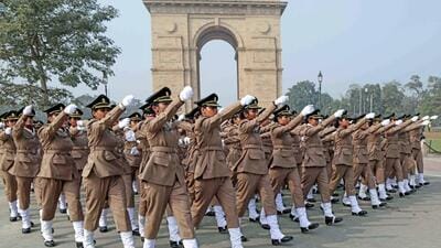 A contingent of Women Army Medical Corps take part in the full dress rehearsal for the Republic Day Parade 2024, at Kartavya Path, in New Delhi on Tuesday (ANI) A contingent of Women Army Medical Corps take part in the full dress rehearsal for the Republic Day Parade 2024, at Kartavya Path, in New Delhi on Tuesday (ANI)