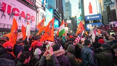Indian diaspora at Times Square to celebrate the Pran Pratishtha ceremony of Ayodhya's Ram Temple, in New York, USA, on Sunday. (Consulate General of India, New York) Indian diaspora at Times Square to celebrate the Pran Pratishtha ceremony of Ayodhya's Ram Temple, in New York, USA, on Sunday. (Consulate General of India, New York)
