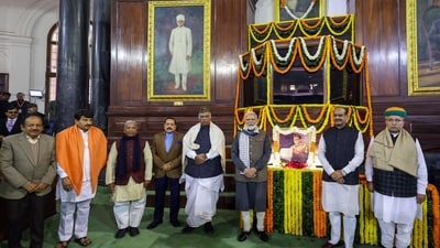 Lok Sabha Speaker Om Birla, Congress President Mallikarjun Kharge, Rajya Sabha Deputy Chairman Harivansh and other leaders also paid floral tributes to Netaji at Samvidhan Sadan. (ANI) Lok Sabha Speaker Om Birla, Congress President Mallikarjun Kharge, Rajya Sabha Deputy Chairman Harivansh and other leaders also paid floral tributes to Netaji at Samvidhan Sadan. (ANI)