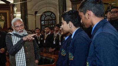 PM Modi also interacted with students during his visit to the Samvidhan Sadan to pay tribute to Netaji Subhas Chandra Bose on his birth anniversary. (ANI) PM Modi also interacted with students during his visit to the Samvidhan Sadan to pay tribute to Netaji Subhas Chandra Bose on his birth anniversary. (ANI)