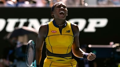 Coco Gauff of the U.S. celebrates after defeating Marta Kostyuk of Ukraine in their quarterfinal match at the Australian Open (AP) Coco Gauff of the U.S. celebrates after defeating Marta Kostyuk of Ukraine in their quarterfinal match at the Australian Open (AP)
