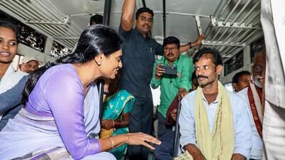Andhra Pradesh Congress president Y S Sharmila interacts with travellers in a bus in Srikakulam on Tuesday. (Image posted by YS Sharmila on X) Andhra Pradesh Congress president Y S Sharmila interacts with travellers in a bus in Srikakulam on Tuesday. (Image posted by YS Sharmila on X)