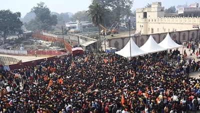 Crowd of devotees gathered outside the temple on Tuesday for darshan of Lord Ram. (Deepak Gupta/HT Photo) Crowd of devotees gathered outside the temple on Tuesday for darshan of Lord Ram. (Deepak Gupta/HT Photo)