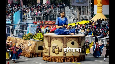 Haryana tableau on display during the full-dress rehearsal for the Republic Day Parade at the Kartavya Path, in New Delhi, on Tuesday. (Hindustan Times) Haryana tableau on display during the full-dress rehearsal for the Republic Day Parade at the Kartavya Path, in New Delhi, on Tuesday. (Hindustan Times)