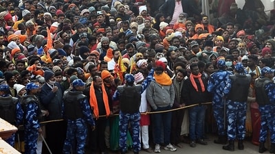 In long lines outside the temple, there were people who had travelled far and waited in Ayodhya before the ceremony to consecrate the temple. (Bloomberg) In long lines outside the temple, there were people who had travelled far and waited in Ayodhya before the ceremony to consecrate the temple. (Bloomberg)