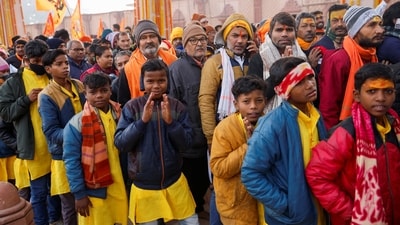 As the devotees entered and exited the temple complex, they chanted "Jai Shri Ram." Inside the main temple, the halls echoed with the chants of "Jai Shri Ram."&nbsp; (REUTERS)