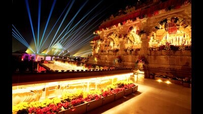 Illuminated premises of the Ram Mandir after its consecration ceremony, in Ayodhya, Monday. (PTI) Illuminated premises of the Ram Mandir after its consecration ceremony, in Ayodhya, Monday. (PTI)
