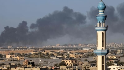 Israel-Hamas War: Smoke billowing over Khan Yunis in the southern Gaza Strip during Israeli bombardment. (AFP) Israel-Hamas War: Smoke billowing over Khan Yunis in the southern Gaza Strip during Israeli bombardment. (AFP)