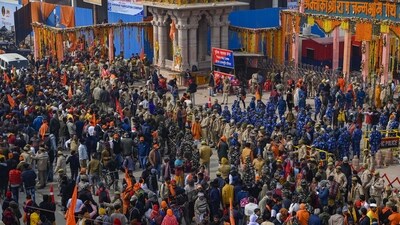 Ayodhya: A massive crowd at the main gateway leading to the Ram temple complex, as it opened its doors to the general public a day after the consecration ceremony, in Ayodhya, Tuesday, Jan. 23, 2024. (PTI) Ayodhya: A massive crowd at the main gateway leading to the Ram temple complex, as it opened its doors to the general public a day after the consecration ceremony, in Ayodhya, Tuesday, Jan. 23, 2024. (PTI)