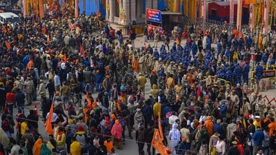 Ayodhya: A massive crowd at the main gateway leading to the Ram temple complex, as it opened its doors to the general public a day after the consecration ceremony, in Ayodhya, Tuesday, Jan. 23, 2024. (PTI) Ayodhya: A massive crowd at the main gateway leading to the Ram temple complex, as it opened its doors to the general public a day after the consecration ceremony, in Ayodhya, Tuesday, Jan. 23, 2024. (PTI)