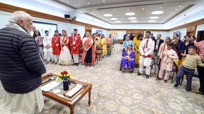 Prime Minister Narendra Modi interacts with Pradhan Mantri Rashtriya Bal Puraskar 2024 awardees, in New Delhi on Tuesday (ANI)