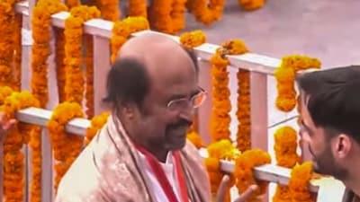 Actor Rajinikanth at the Ram Mandir consecration ceremony, in Ayodhya. (PTI Photo) (PTI) Actor Rajinikanth at the Ram Mandir consecration ceremony, in Ayodhya. (PTI Photo) (PTI)