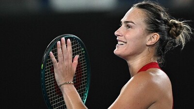Belarus' Aryna Sabalenka celebrates victory against Czech Republic's Barbora Krejcikova after their women's singles quarter-final match on day 10 of the Australian Open (AFP) Belarus' Aryna Sabalenka celebrates victory against Czech Republic's Barbora Krejcikova after their women's singles quarter-final match on day 10 of the Australian Open (AFP)