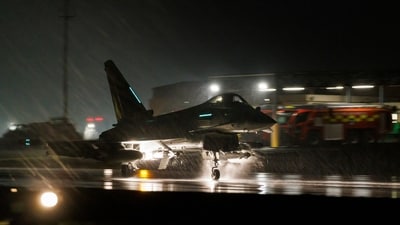 In this image provided by the UK ministry of defence, a Royal Air Force Typhoon FGR4 takes off to carry out air strikes against Houthi military targets in Yemen, from RAF Akrotiri, Cyprus, on January. 22. (AP) In this image provided by the UK ministry of defence, a Royal Air Force Typhoon FGR4 takes off to carry out air strikes against Houthi military targets in Yemen, from RAF Akrotiri, Cyprus, on January. 22. (AP)