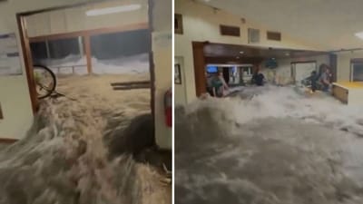A terrifying viral video has captured the moment a giant wave crashed into a United States military building over the weekend (ABC News screenshots/X via worldmaverik/Instagram) A terrifying viral video has captured the moment a giant wave crashed into a United States military building over the weekend (ABC News screenshots/X via worldmaverik/Instagram)