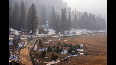 View of the snowless meadows of ski resort, in Gulmarg. (PTI) View of the snowless meadows of ski resort, in Gulmarg. (PTI)