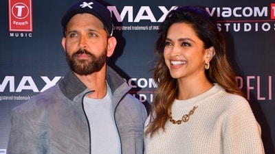Hrithik Roshan and Deepika Padukone at Fighter event on Tuesday. Hrithik Roshan and Deepika Padukone at Fighter event on Tuesday.