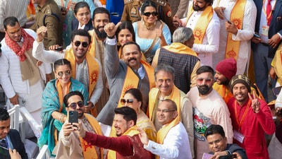 And here is an epic picture as Ayushmann Khurrana takes a selfie with Vicky Kaushal, Katrina Kaif, Madhuri Dixit, Ranbir Kapoor, Alia Bhatt and filmmakers Rohit Shetty, Rajkumar Hirani during the Ram Janmabhoomi event. (ANI) And here is an epic picture as Ayushmann Khurrana takes a selfie with Vicky Kaushal, Katrina Kaif, Madhuri Dixit, Ranbir Kapoor, Alia Bhatt and filmmakers Rohit Shetty, Rajkumar Hirani during the Ram Janmabhoomi event. (ANI)