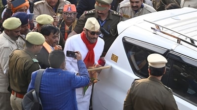 Jackie shroff during the consecration ceremony of Shri Ram Janmbhoomi Temple in Ayodhya. He went to the temple barefoot and also carried a plant in his hands as usual. Upon his return to Mumbai, he was spotted with a Ram Darbar artifact. Jackie shroff during the consecration ceremony of Shri Ram Janmbhoomi Temple in Ayodhya. He went to the temple barefoot and also carried a plant in his hands as usual. Upon his return to Mumbai, he was spotted with a Ram Darbar artifact. 